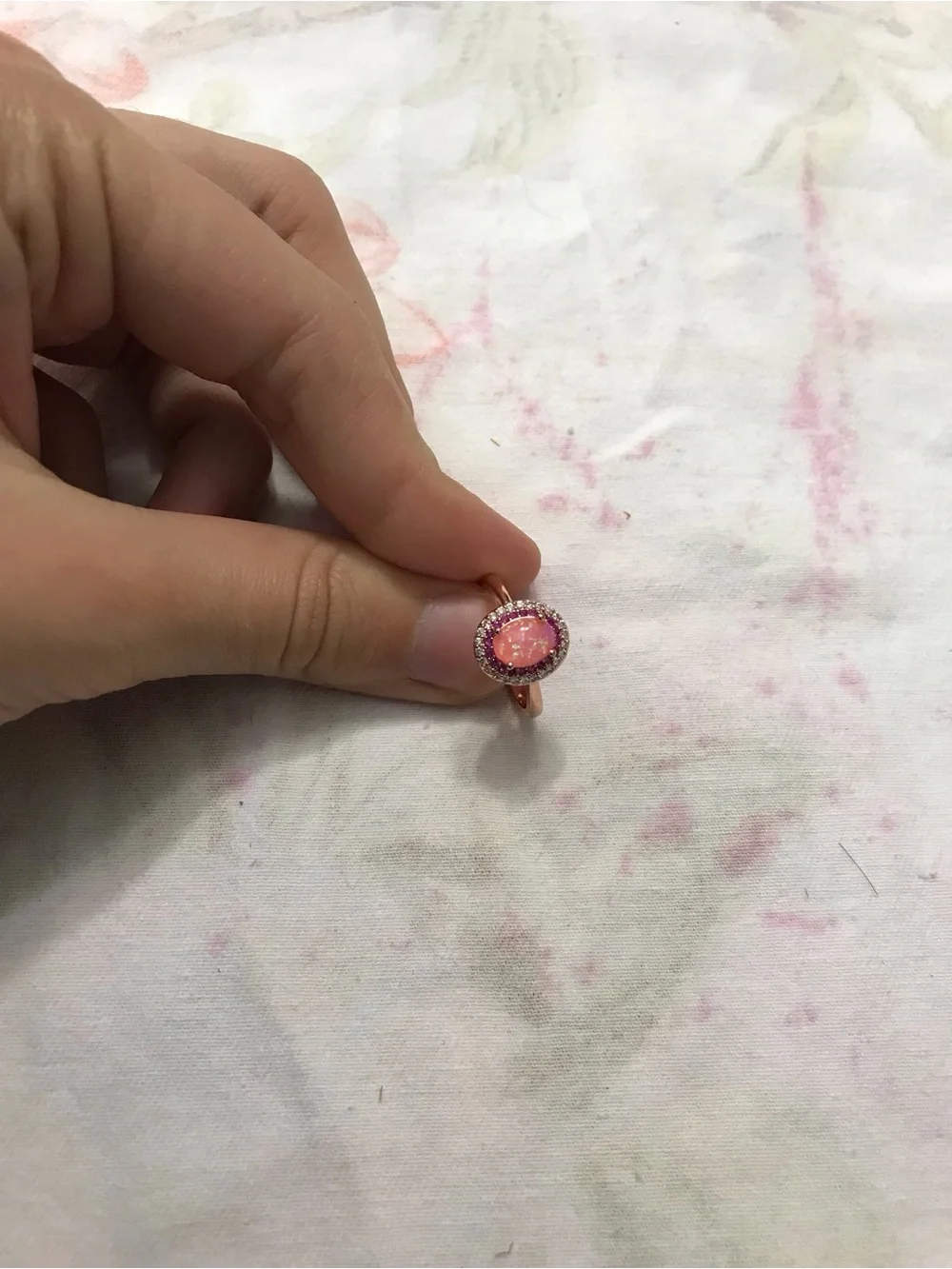 Rose Gold Tone Pink Coral Stone White Purple Rhinestones Ring Size 6